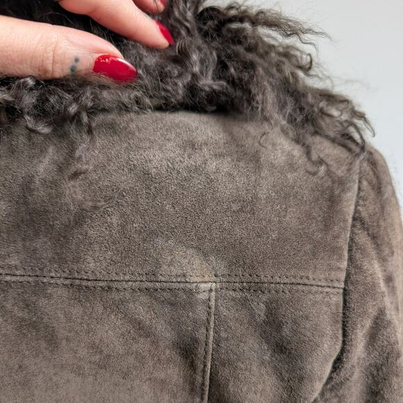 Vintage Brown Suede Penny Lane Jacket Fur Shag Leather Groovy Trench Coat Medium - Picture 11 of 14